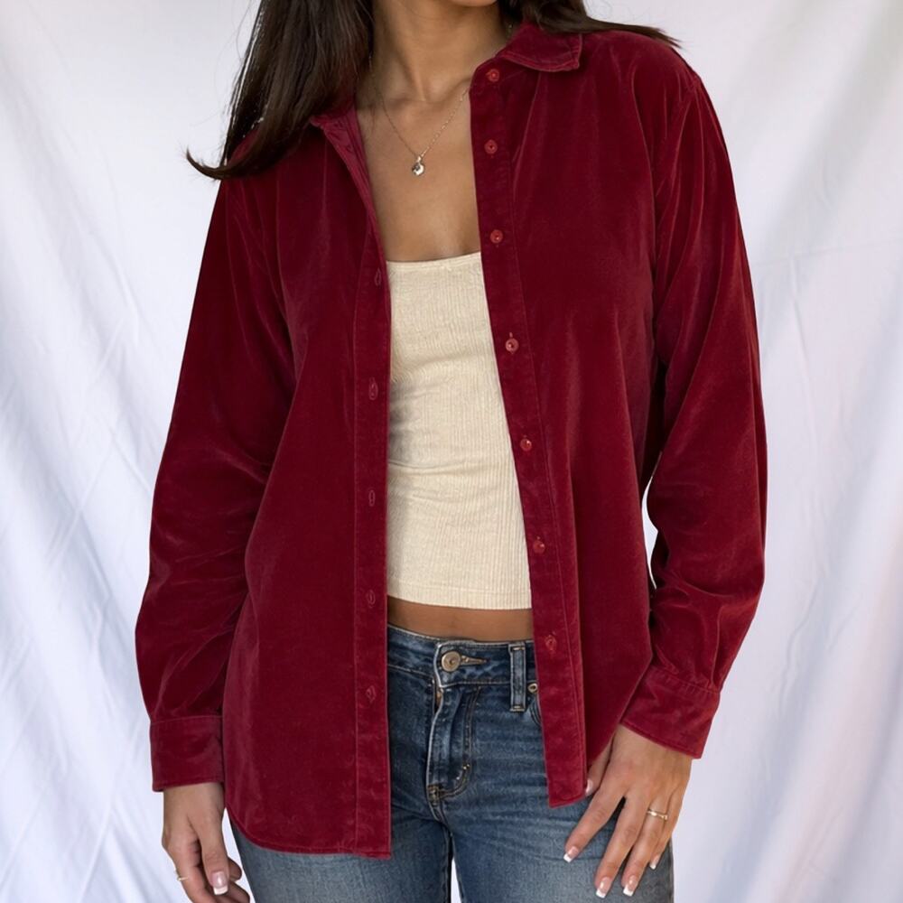 Vintage Y2K L.L. Bean Red Velvet Button Down Shirt Women’s Medium
